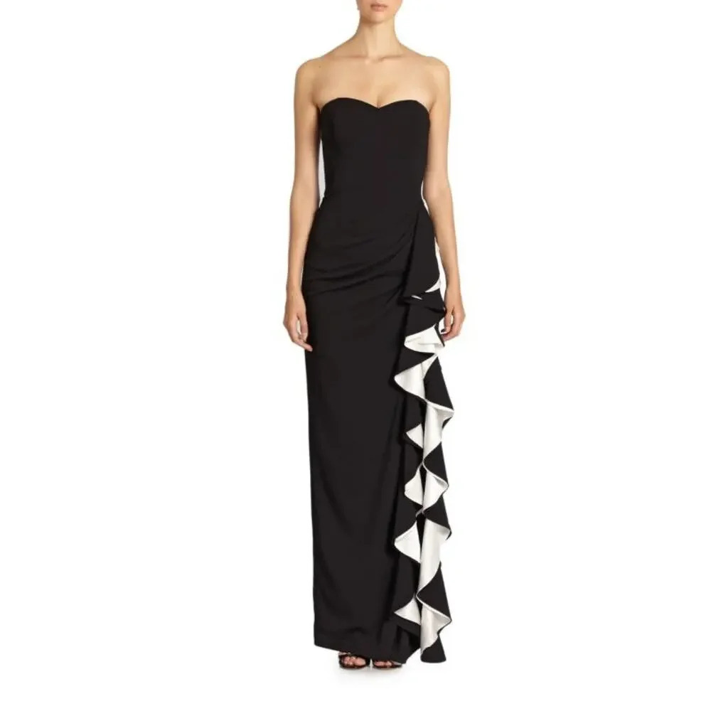 Badgley Mischka Black Strapless Contrast Ruffle Sweetheart Neckline Gown